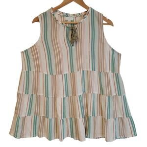 J.Jill Stiped Tiered Boho Tunic Top Women's Tassel Coastal Beachy Resort‎ Size L